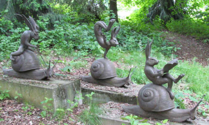 rabbit and snail sculptures