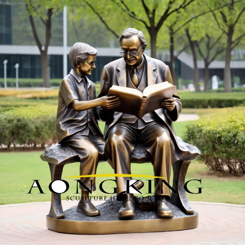 Harmonious Bronze Gentleman And Boy Reading Sculpture