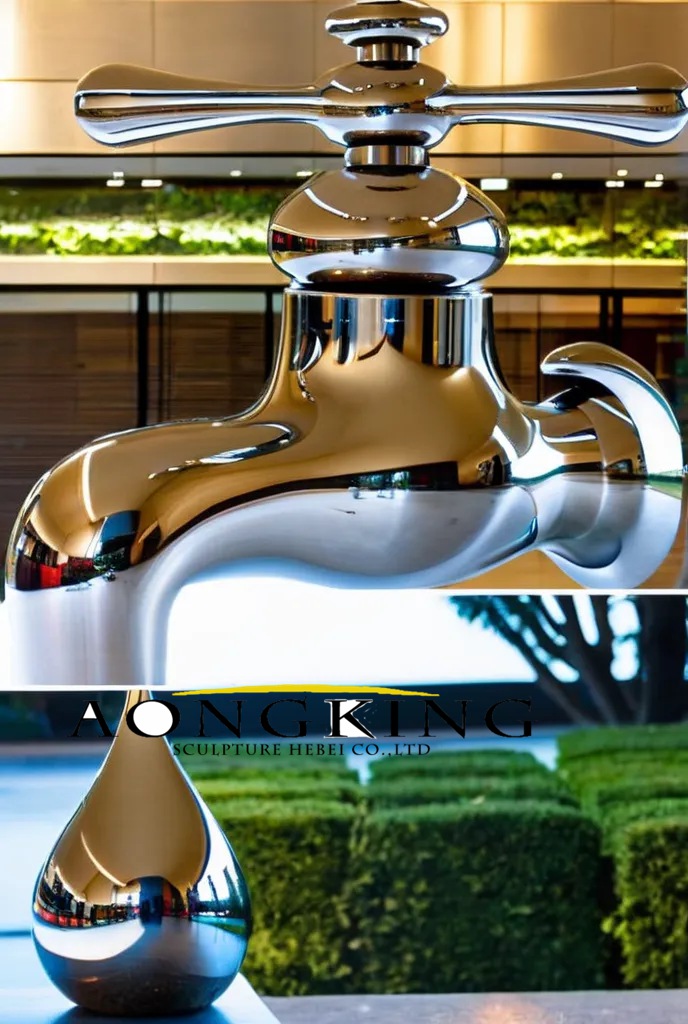 Decor Faucet And Water Drop Stainless Steel Sculptures