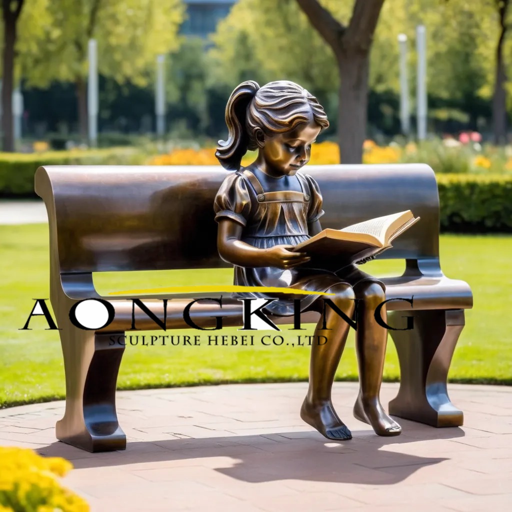Cultural Park Bronze Girl reading on bench personalized sculpture
