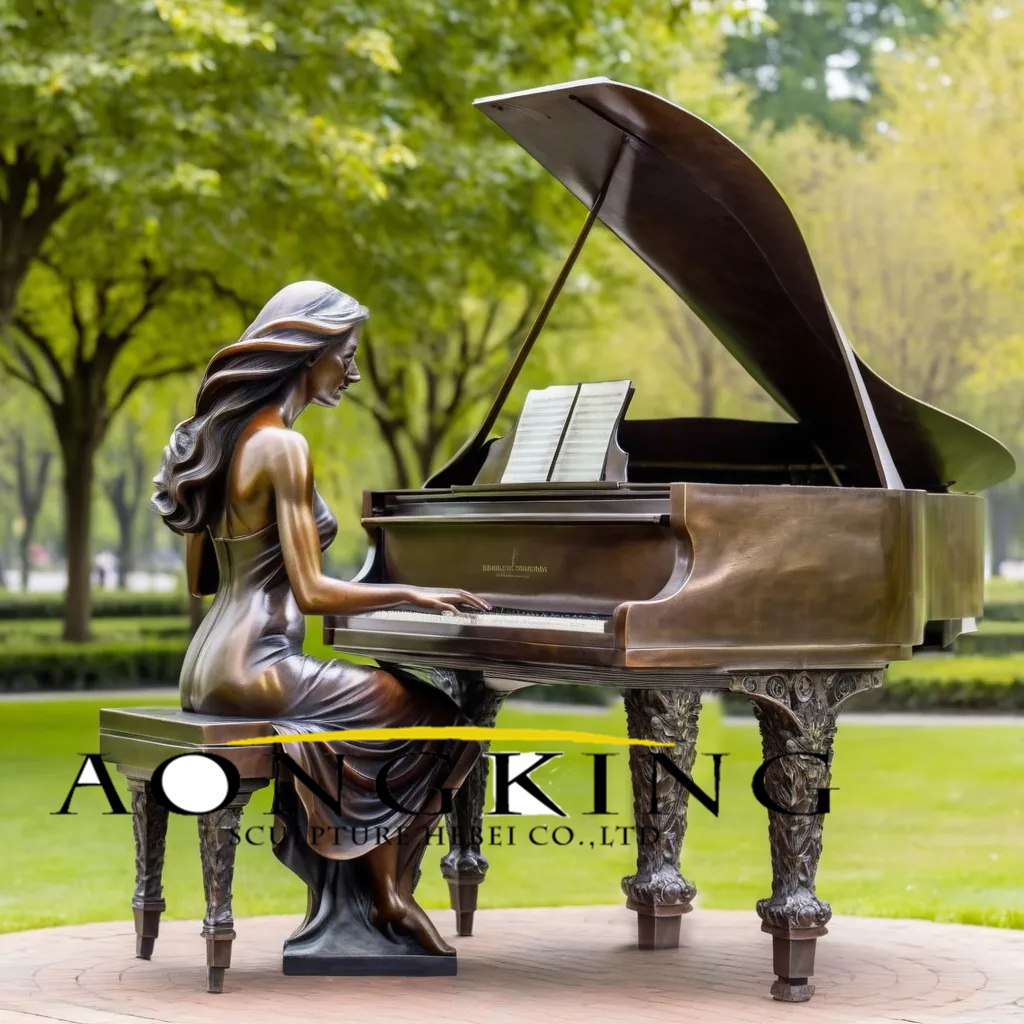 Graceful Woman Piano Bronze Musical Instrument Sculpture