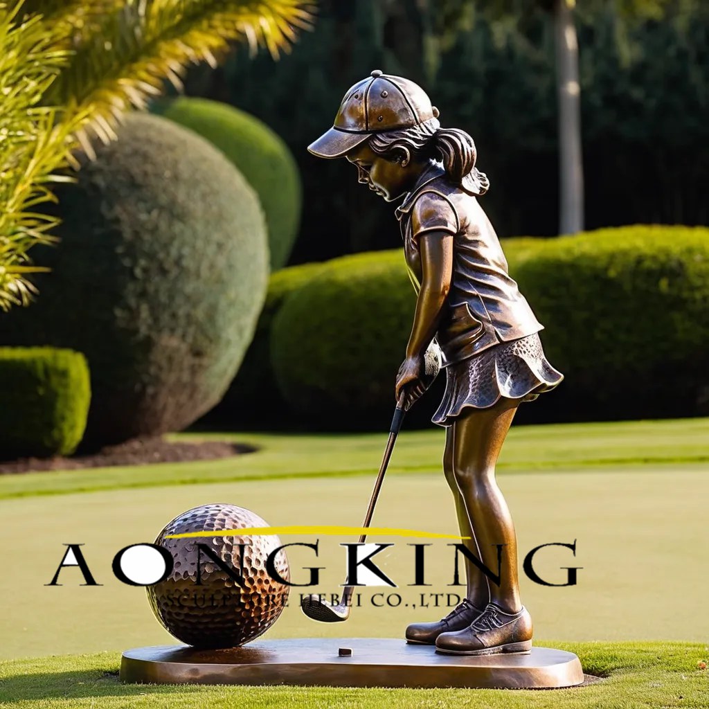 Custom Bronze Girl Wearing Golf Attire on The Tee box Golf Garden Statue