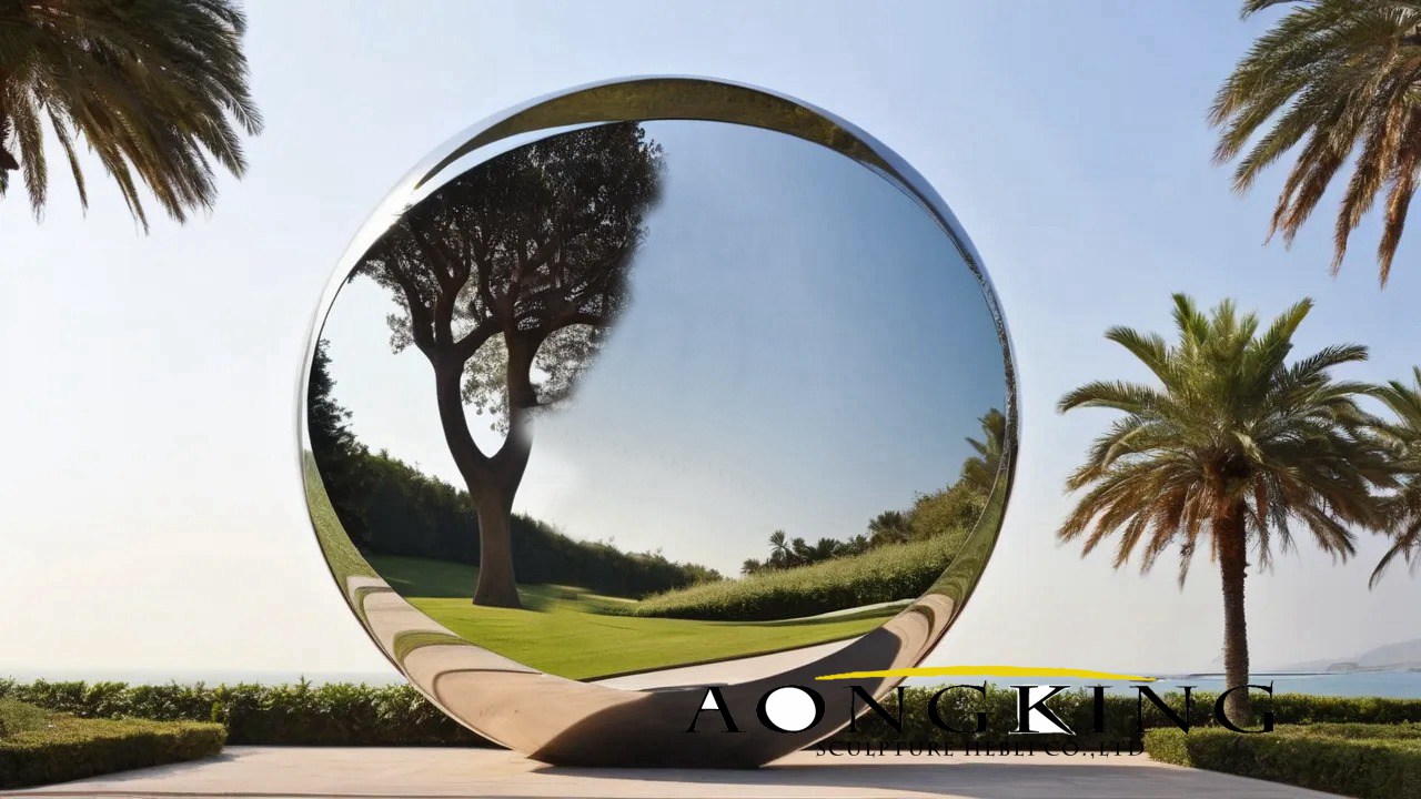 Stainless Steel Visual Impact Convex Circular Mirror Lawn Public Art Sculpture