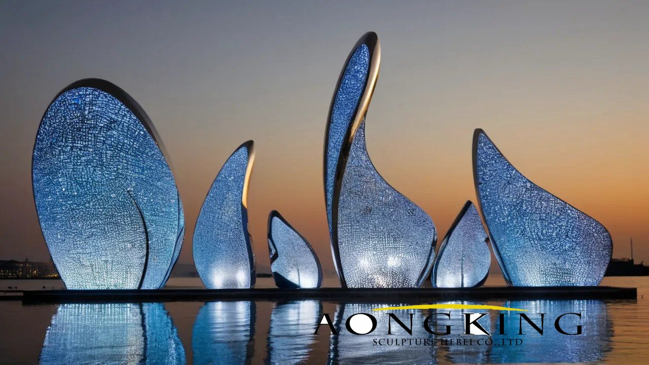 Mosaic-style surface Subtle illumination metal sculpture art Waterfront stainless steel