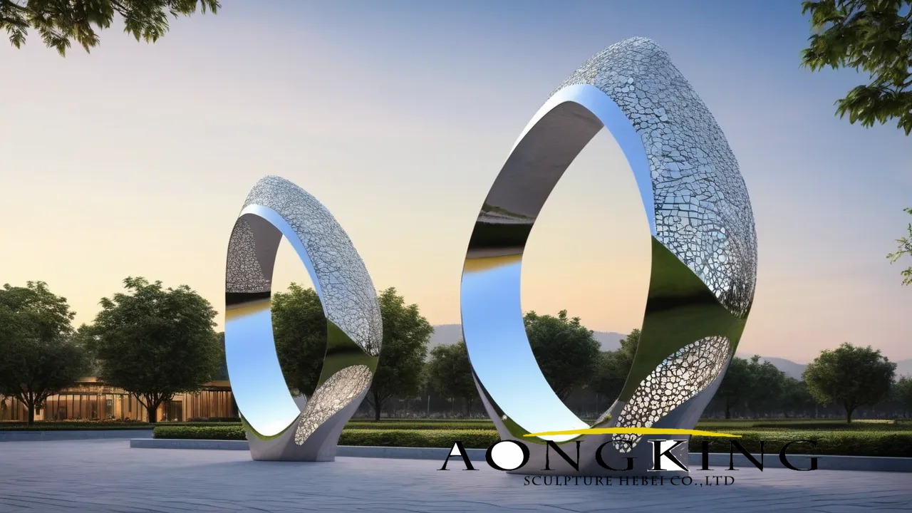 Stainless Steel Mirrored Mosaic Aesthetic "Two irregular rings" Tall Outdoor Sculptures