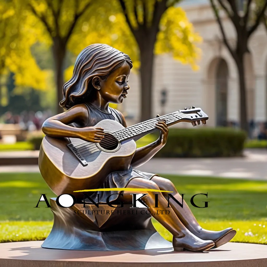 the park music bronze seated girl immersed in guitar music metal musician sculptures