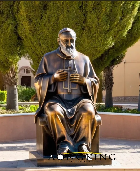 Reverent expression seated Padre Pio sculpture bronze