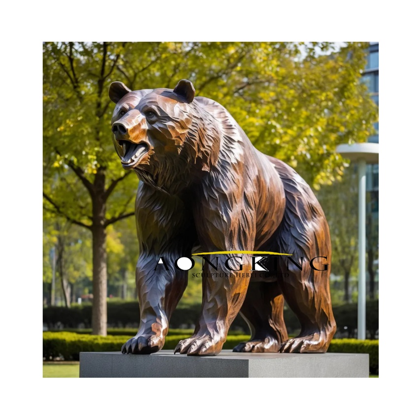 Bronze wildlife art central park brown roaring real bear statue