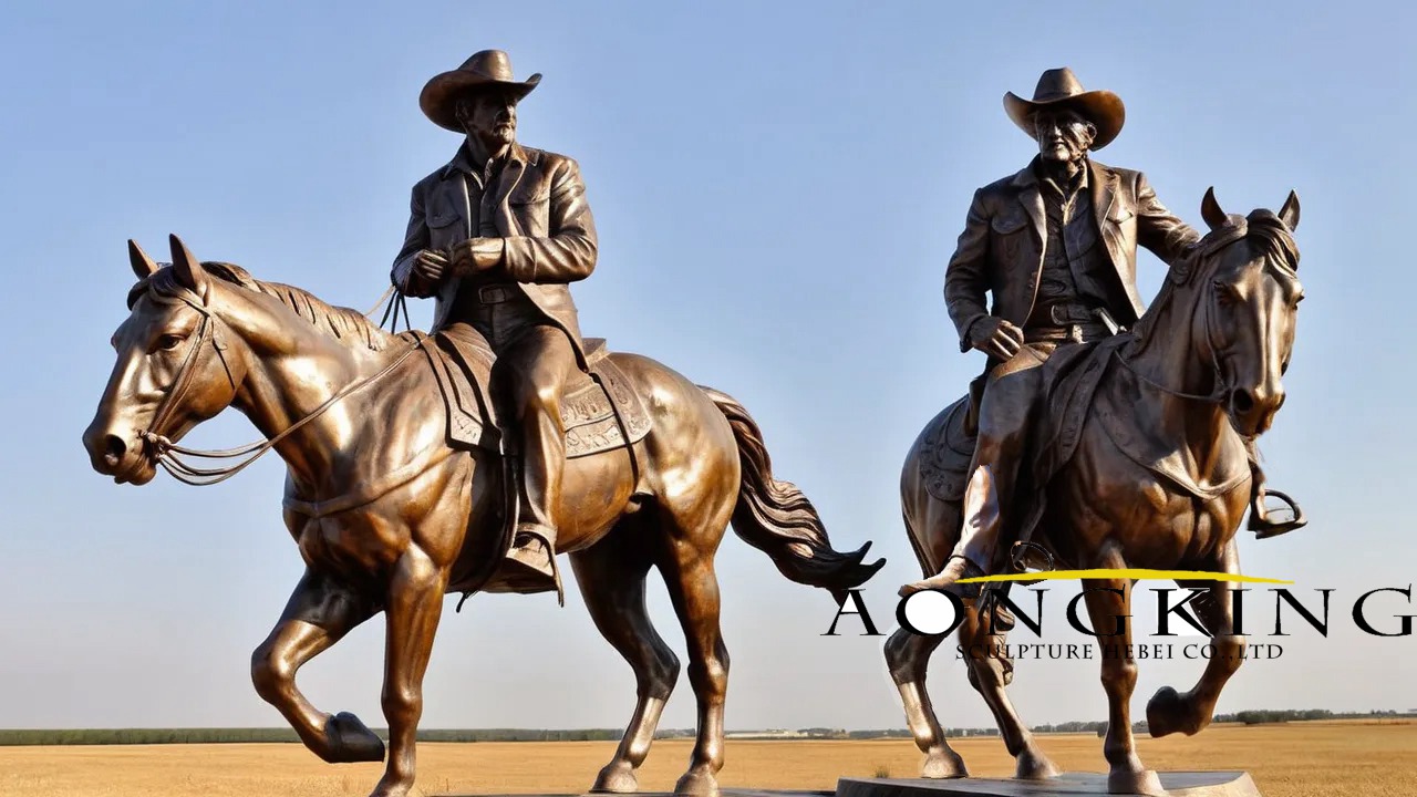 Stadium Bronze Trotting On Horses And Wearing Stetson Hats Western Cowboy Sculptures
