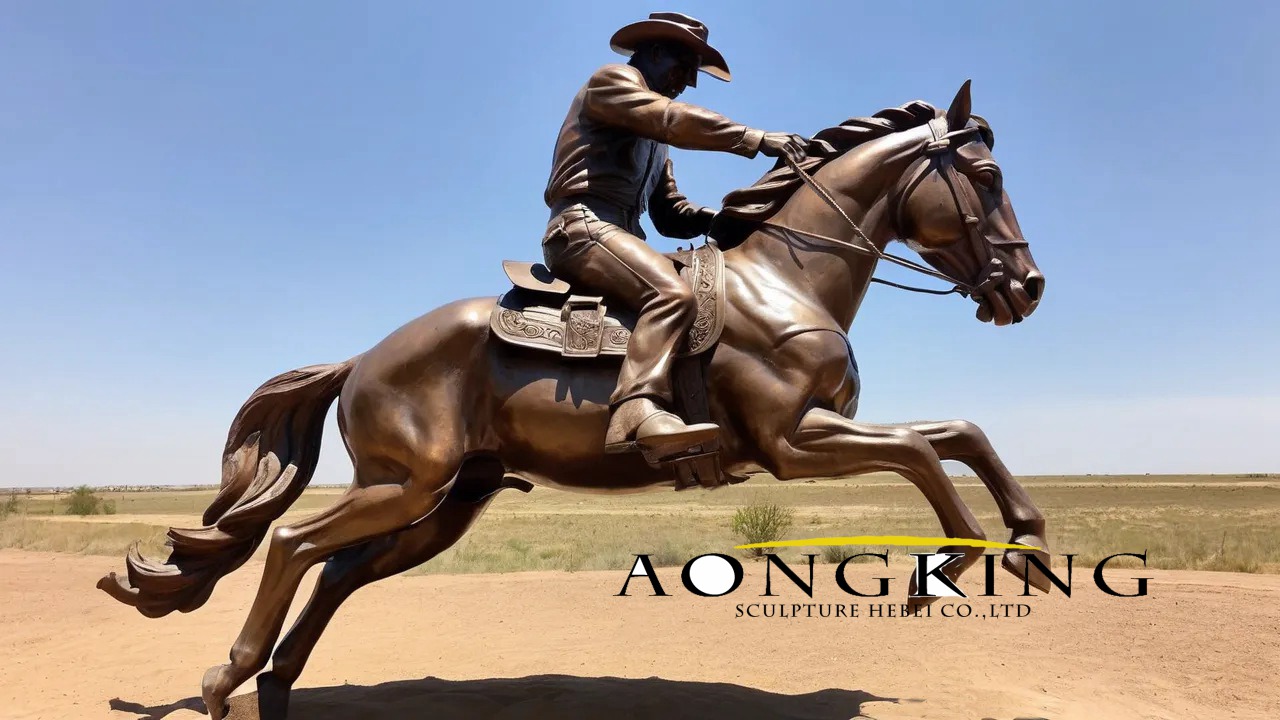 Bronze Adventure galloping horseback cowboy and horse statue