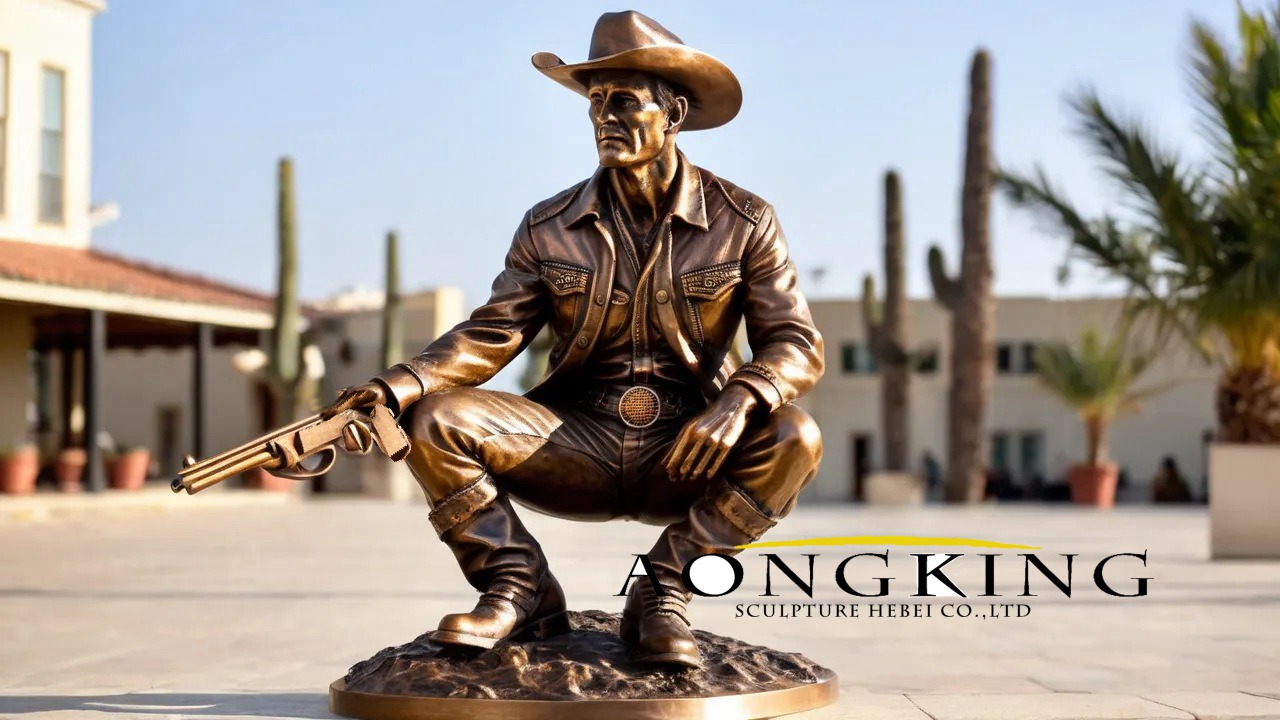 bronze Western attire holding a revolver squatting cowboy garden statue