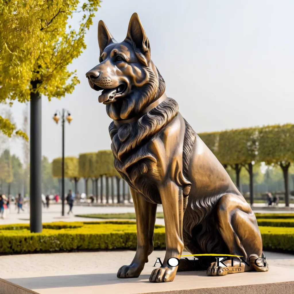bronze seated loyal german shepherd statue stares ahead with its mouth open