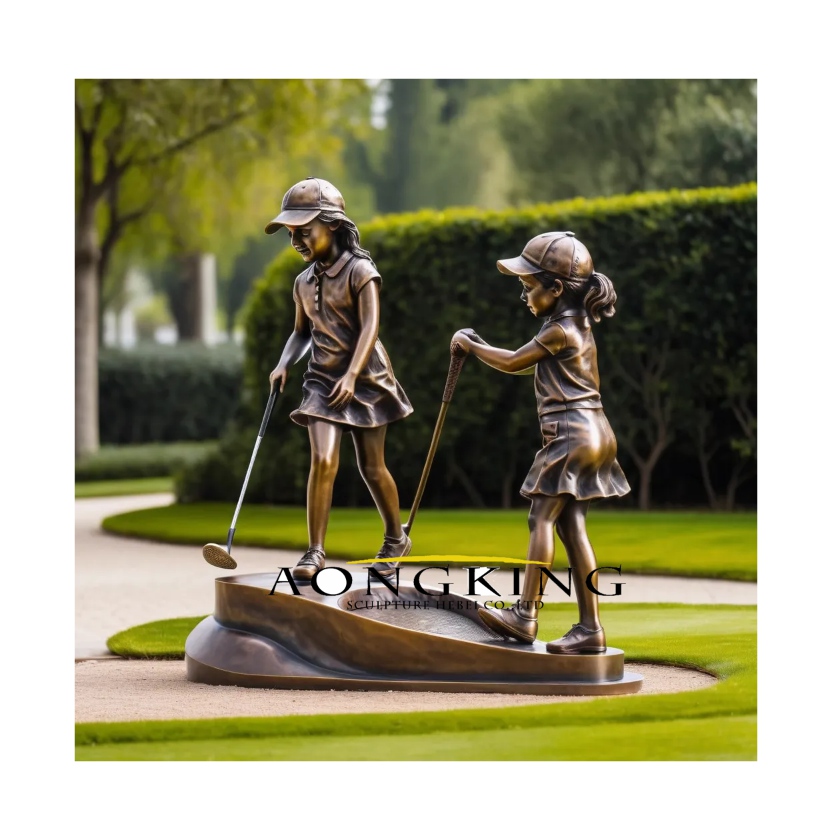 Bronze Golf Driving Range Two Young Girls On The Putting Green Golf Garden Statues