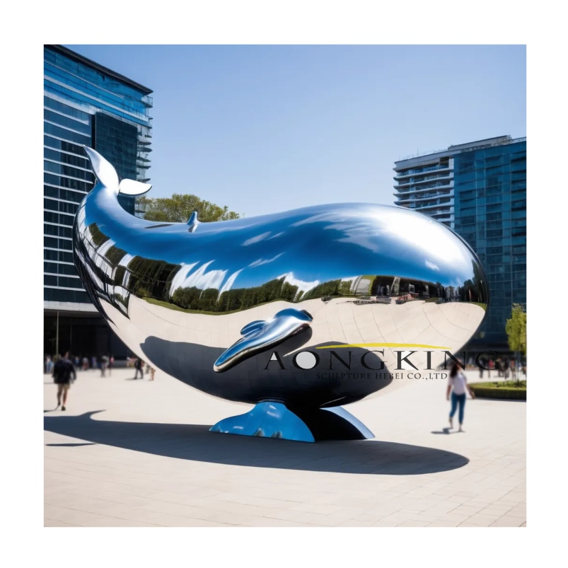 Urban center landmark giant whale stainless steel large outdoor metal sculpture