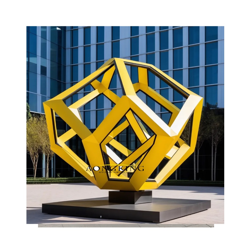 Geometric Irregular hollow sphere metal landscape art yellow-coated stainless steel sculpture