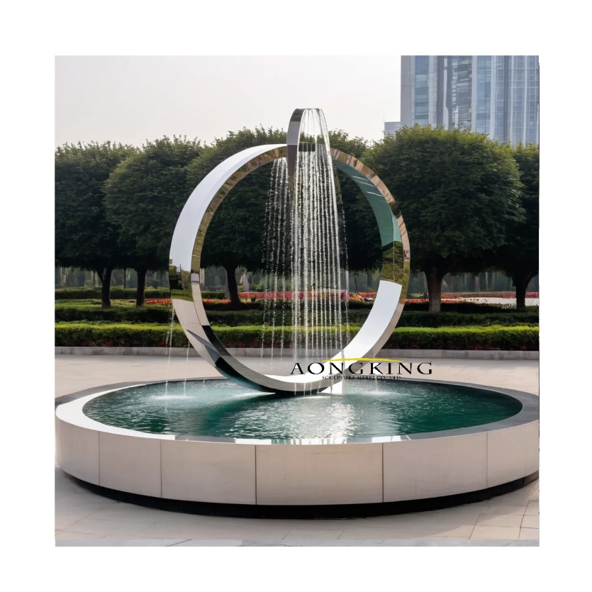 Trendy stainless steel circular hoop water display pool fountain statue