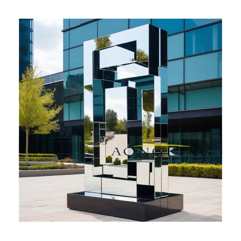stainless steel geometric architectural cuboid with hollow sections sculpture mirror