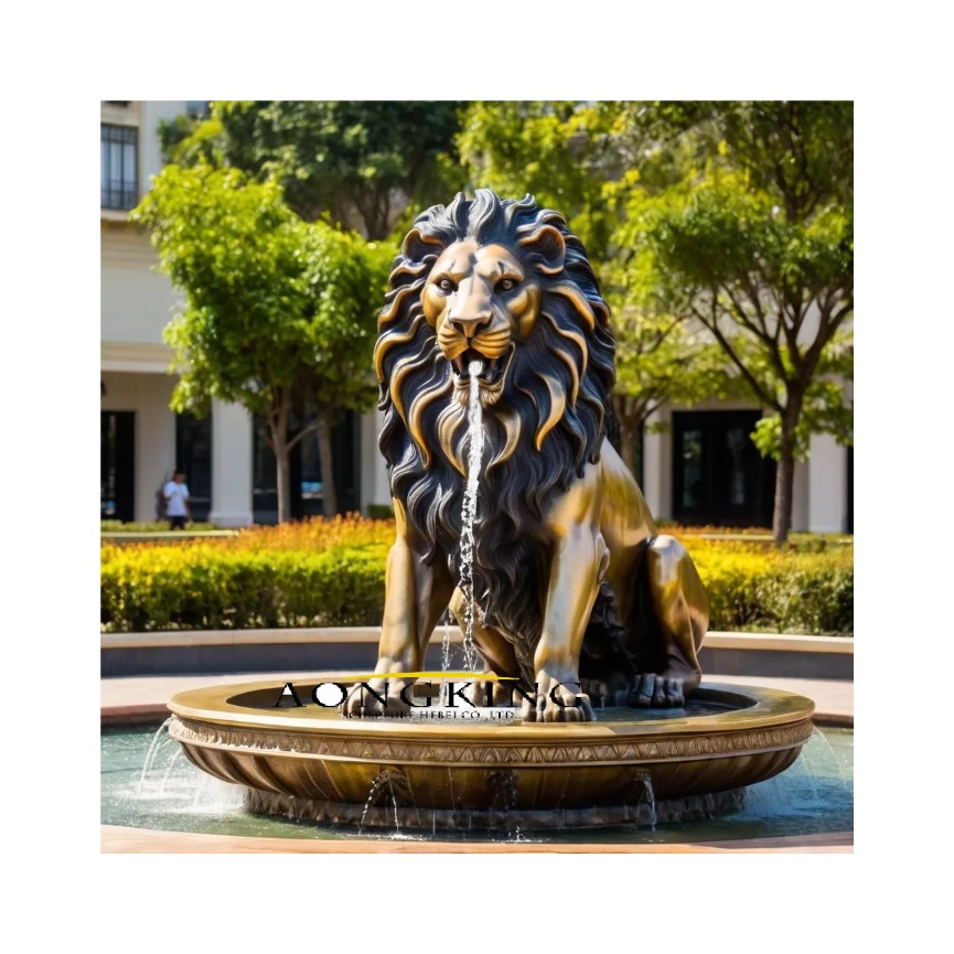 Bronze civic center decorative fountain sitting lion statue