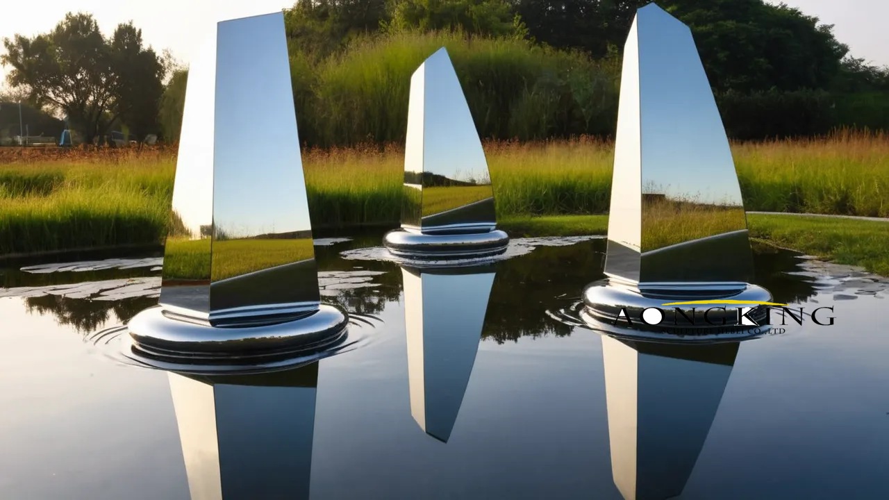 Sustainable living floating geometric metal iceberg polished sculpture