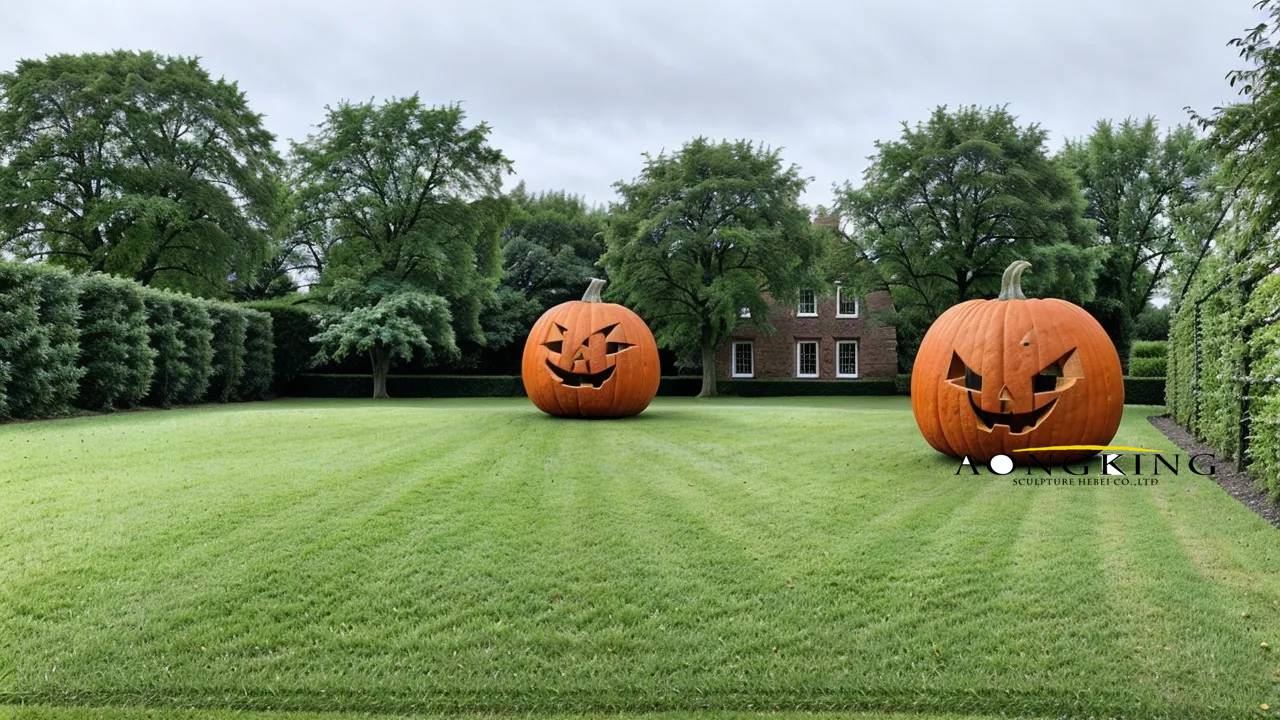estate green lawn carved scary pumpkin lantern corten