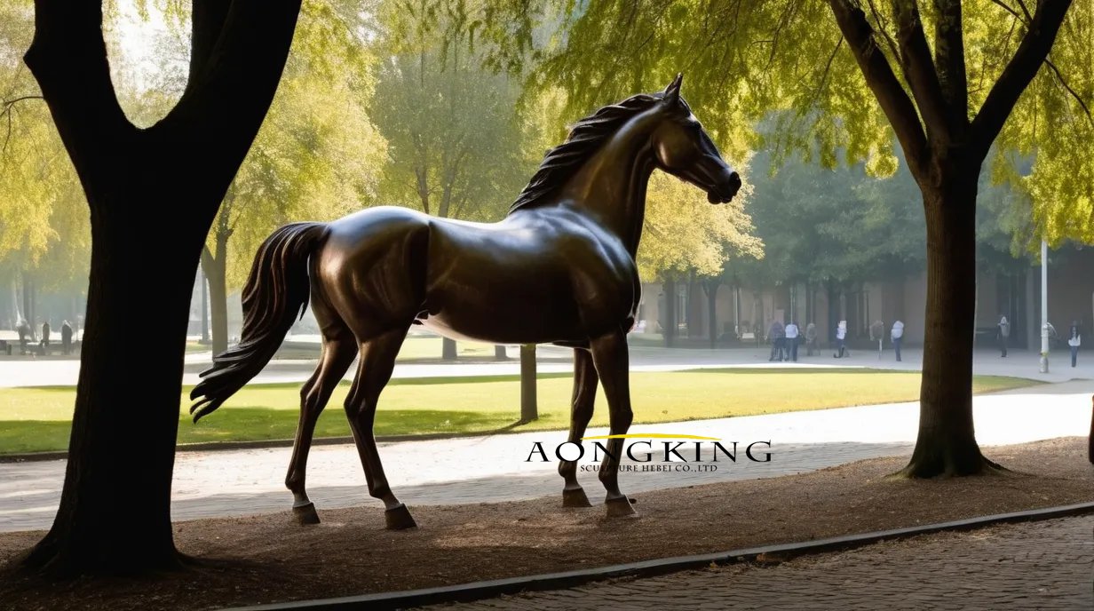 Pocket park landscaping true size of bronze horse sculptures