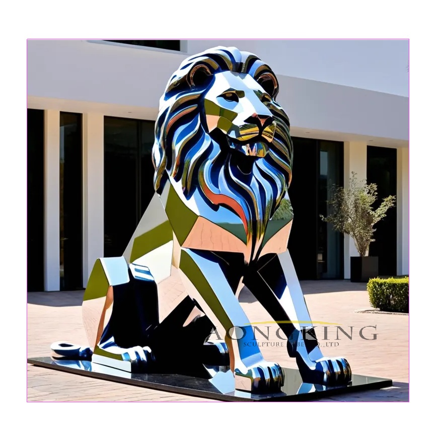 imposing garden at home geometic guardian metal lion statue stainless steel