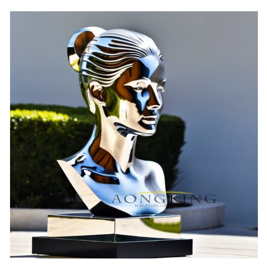 Open air bust of a woman statue with a bun hairstyle stainless steel